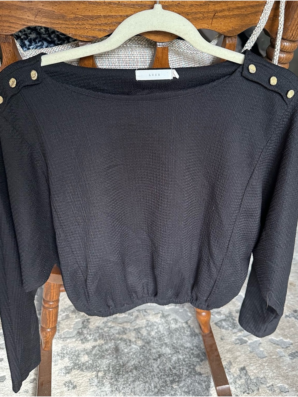 Lush Black Cropped Crewneck Sweater with Gold Shoulder Buttons